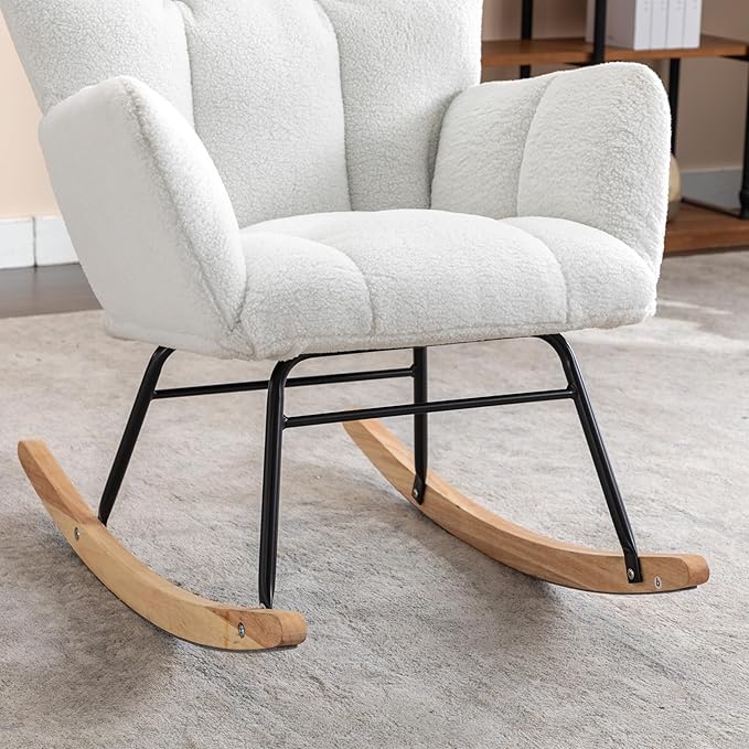 Setawix Teddy Fabric Rocking Accent ChairMid Century Modern Rocking Glider ArmchairLeisure Tufted Rocker Arm Chair for NurseryBedroomLiving Room (Teddy Ivory 27.6)