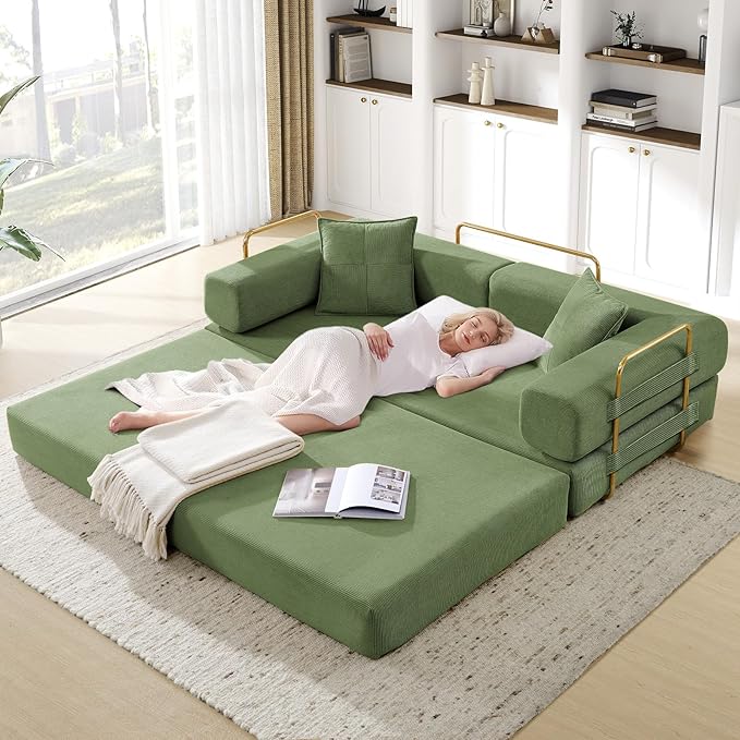 Convertible Folding Sofa Bed Corduroy Sleeper Mattress Couch with Fixed-Shape Frame Free Combination Loveseat Lounge Floor Sofa Queen Size Memory Foam Couch for Living Room Bedroom Dark Green