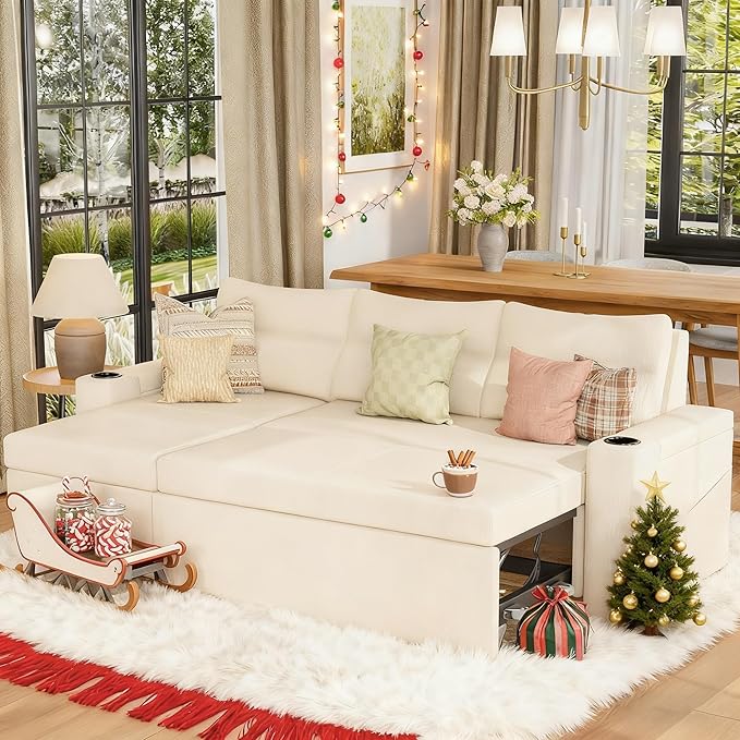 Pamapic 81 Sleeper Sofa with Armrest StorageL-Shaped Sofa with Supportive CushionsCup HoldersSide PocketsPull Out Sleeper Sofa BedPullout Sectional Sofa Couch with Large StorageBeige