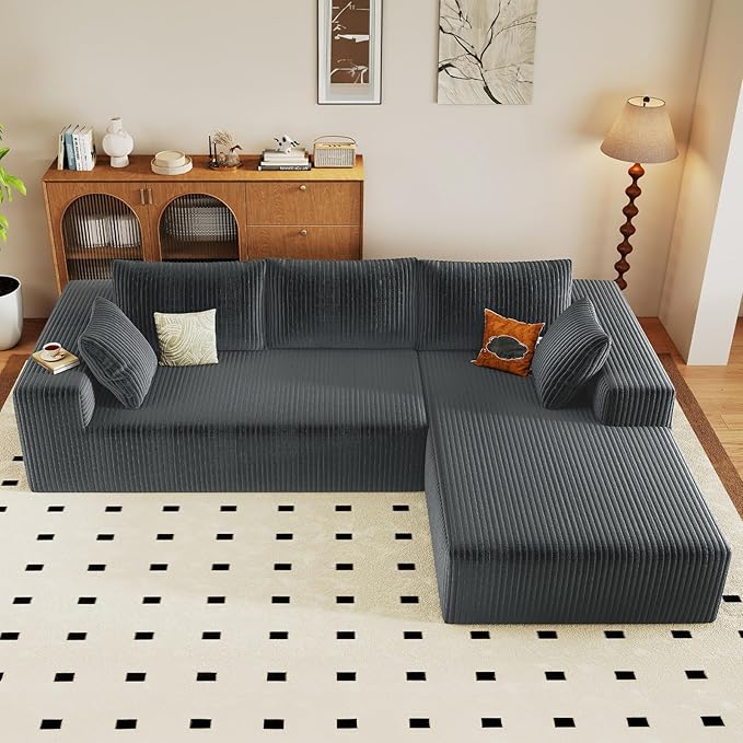 96 Cloud Sectional Couch with L-Shaped Chaise Modern Corduroy Sectionals Couches with Deep Seat Boneless Sofa 3 Seater for Living Room No Assembly Required (Dark Grey Right Facing Chaise)
