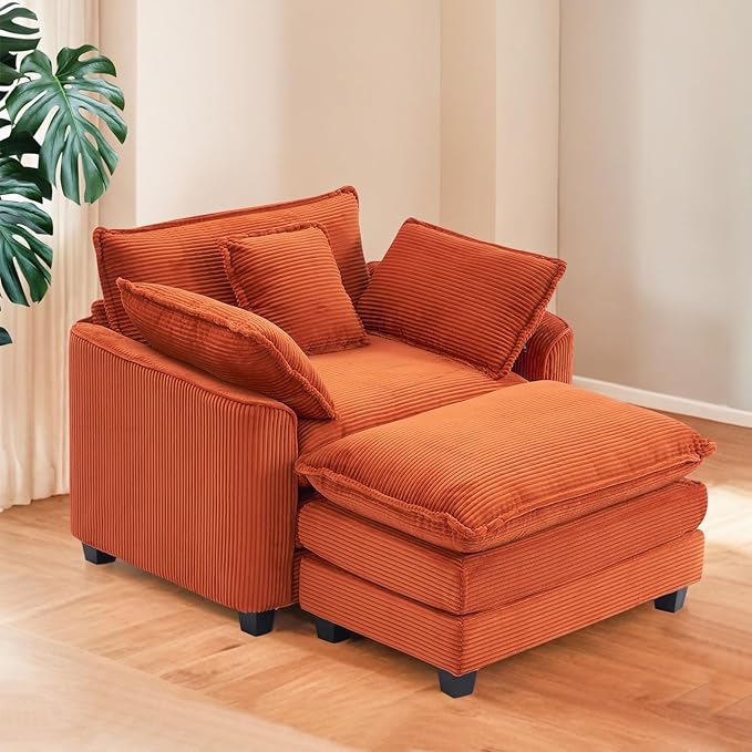 Furniliving Oversized Accent Chair with Ottoman Luxury Corduroy Single Sofa Upholstered Deep Seat Chaise Lounge with Pillows for Living Room Bedroom Apartment Orange
