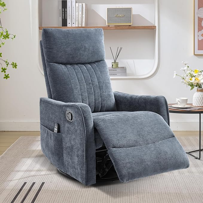 Swivel Rocker Recliner Chair 360° Swivel Recliner with Heat and Massage Rocker Recliner Nursery Glider Chair with Side Pockets for Living Room (Dark Blue Fabric)