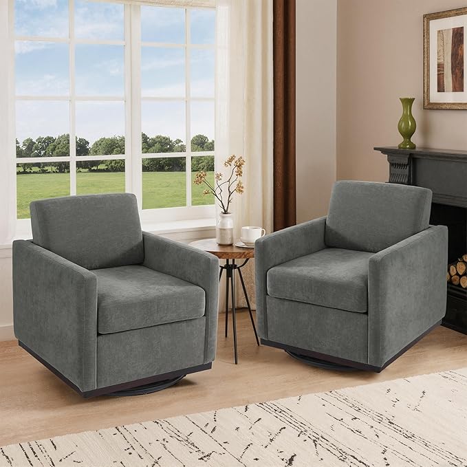 Swivel Barrel Accent Chair Mid Century Modern Arm Chair for Living Room Bedroom Comfy Club Reading Lounge Sofa Corner Chairs for Adults (Chenille Dark Grey Set of 2)