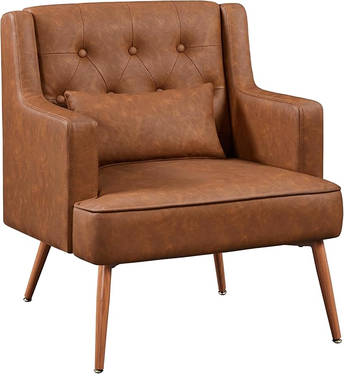 Yaheetech Accent Chair Living Room Chair Mid Century PU Leather Armchair Lumbar Pillow Comfy Upholstered Reading Chair Wood Leg Bedroom Lounge Brown