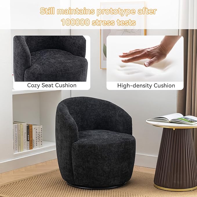 360 Degree Swivel Accent Chair Modern Barrel Vanity Chair with Back Comfy Single Circle Couch for Living Room Bedroom Reading Nook (Chenille Black)