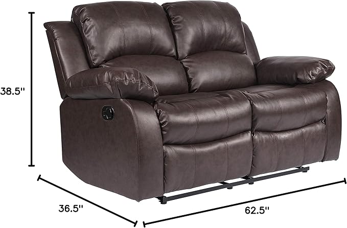 Lexicon Humphreys Loveseat Recliner - Soft Faux Leather Double Reclining Sofa Manual Pull Tab Wall Hugger High-Density Foam Solid Wood Frame Easy Assembly 62.5 W Living Room RV - Brown