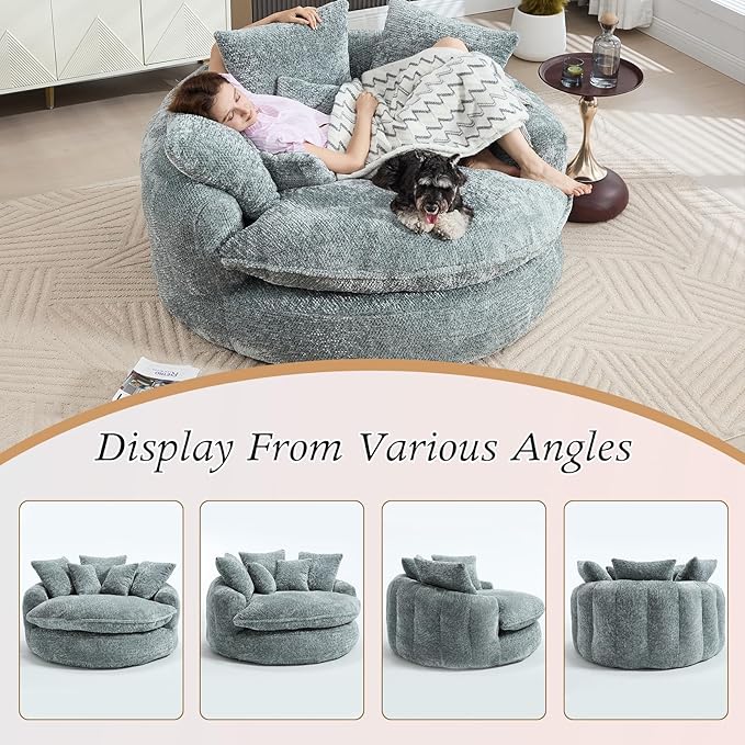 54 Oversized Round Chair Couch Lounge Chaise Indoor Comfy Boneless Sofa for Living Room Cloud Large Circle Couch Chair with 5 Pillows Fluffy Modern Sleeper Sofa Bed for Reading (Blue Gray)