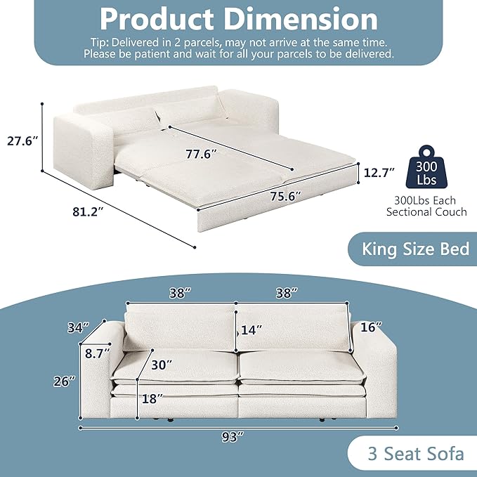 93 King Size Sofa Bed 3 in 1 Convertible Pull Out Couch Loveseat Sleeper Comfy Upholstered Teddy Sofa 3 Seater Chaise Lounge with 2 Pillows Modern Couch Bed for Living Room Beige