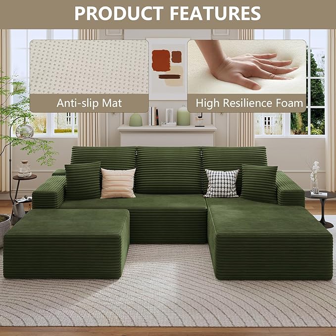 107 Cloud Sectional Couch with U-Shaped Chaise Corduroy Sectional Sofa with Ottoman Boneless Couch with Deep Seat in a Box for Living Room No Assembly Required (Green Right Facing Chaise)