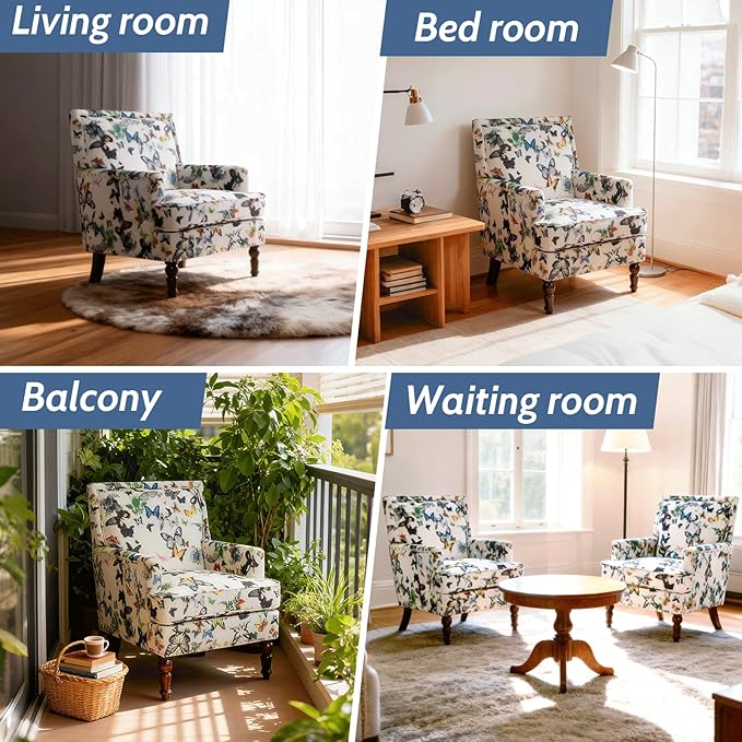 Butterfly Accent Chair Floral Print Armchair for Living Room Bedroom Cute Upholstered Reading Chair for Small Space Cotton Fabric with Solid Rubberwood Legs（Butterfly）