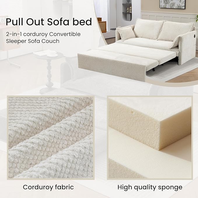 Pull Out CouchLoveseat Convertible Sleeper Sofa Bed with USBPull Out Sofa Bed Side Storage2 PillowsCorduroy Sleeper Couch for Living RoomBedroomApartmentPet-Friendly(Beige 59.5'')