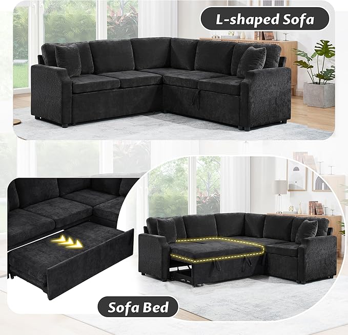 81.9 Sectional Sofa Convertible Pull-Out Sofa Bed Upholstered L-Shaped Sofa Couch with a Sofa Sleeper and a Hidden Storage Compartment for Living Room Apartment (Black-7.2)