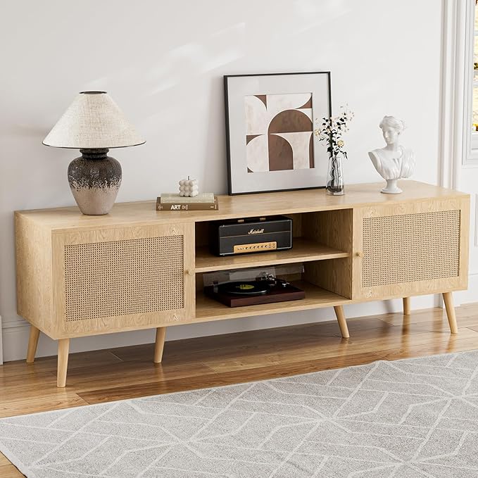 TV Stand for TVs up to 65'' Entertainment Center With Rattan Door Shelves &amp 2 Cabinets Long Boho Media Console for Living Room Natural