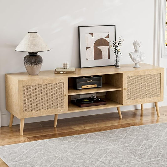 TV Stand for TVs up to 65'' Entertainment Center With Rattan Door Shelves &amp 2 Cabinets Long Boho Media Console for Living Room Natural