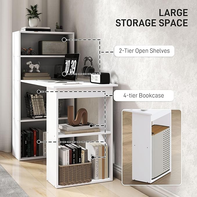 HOMCOM Modern Home Office Desk with 6-Tier Storage Shelves 47 Writing Desk with Bookshelf White