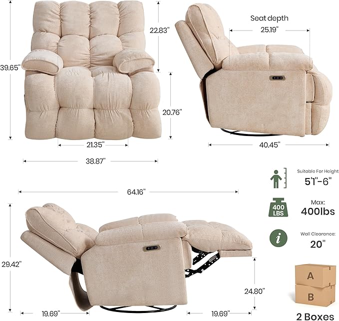 Oversized Rocker Recliner Chair 42” Power Swivel Recliner for Living Room Overstuffed Extra Wide Rocking Recliners with Breathable Soft Fabric Up to 400lbs(Power Beige)