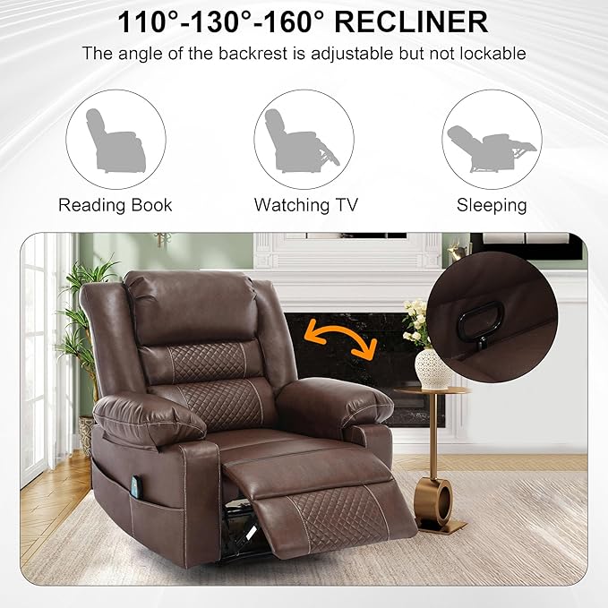 Massage Chair Recliner with HeatComfotable Lazy Boy Recliner Chair with 2 Side PocketsManual Recliners Chairs for AdultsOversized Recliners Chairs for Big and Tall ManHeavy DutyPU Leather
