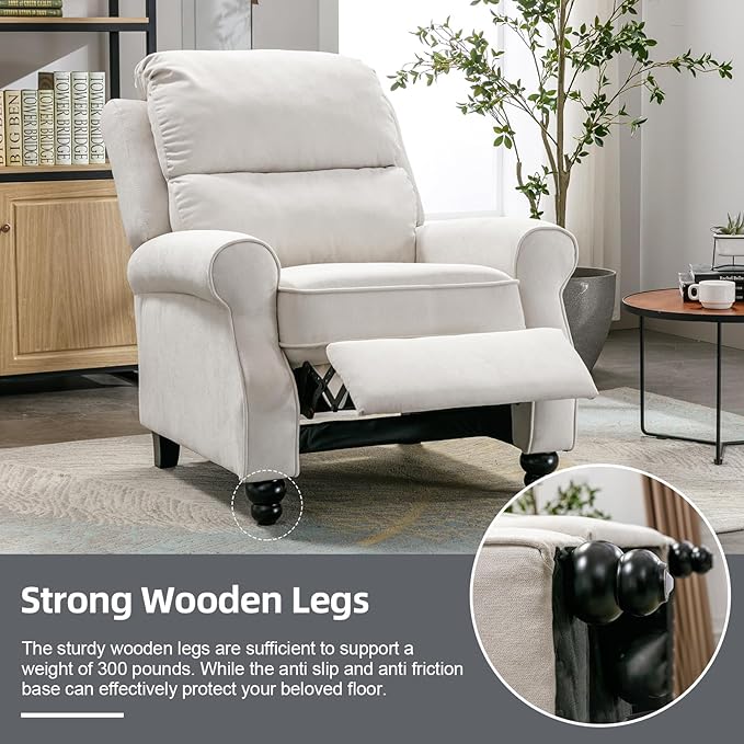 Push Back Recliner Chair Fabric Armchair Overstuffed Pushback Recliner Heavy Duty Single Sofa Chair with Padded Seat Solid Wood Legs for Living Room (White)