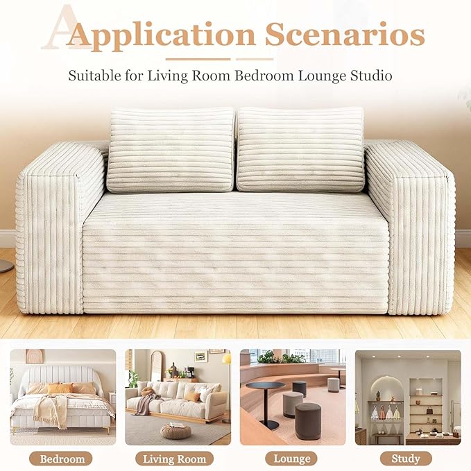 63 White Boneless Couches for Living Room Compressed Sofa Couch in a Box Corduroy Memory Foam Floor Couch for Adults Memory Foam Deep Seat No Assembly Required (White)