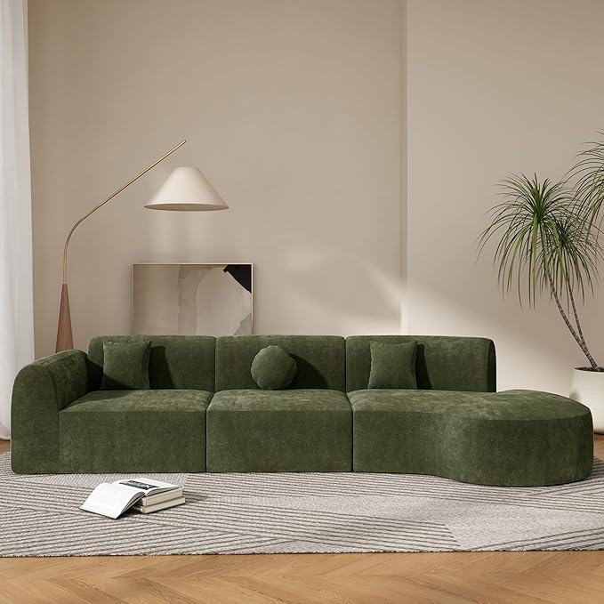 140 Modern Curved Sectional Sofa with High-Density Fully Compressed Sponge and Chaise Lounge 3-Piece Set Fully Assembled Right Hand Facing Perfect for Living RoomLounge (Green#84)