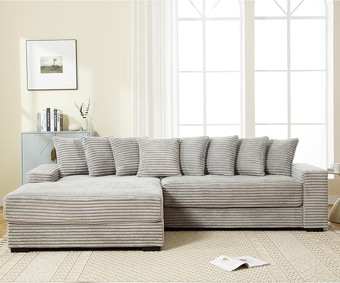 111 Inch Corduroy Sectional Couches for Living Room | L-Shaped Sectional Couch with 8 Pillows | Cloud Couch with Deep Seat | Solid Wood Frame Sofa Light Grey (Left Facing Chaise)