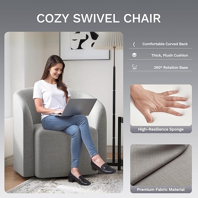 COLAMY Swivel Accent Chair Modern Barrel Round Chair Upholstered Comfy Living Room Chair with Armrest Armchair for Reading Room/Bedroom/Waiting Room/Office No Assembly Grey