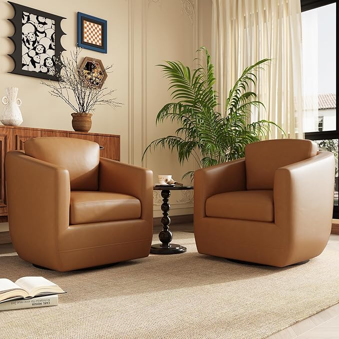 COLAMY 360° Swivel Accent Chair Set of 2 with Pillow Leather Living Room Armchair No-Sag Foam &amp Sturdy Metal Base Fully Assembled Swivel Single Sofa for Bedroom Living Room Reading Room Brown