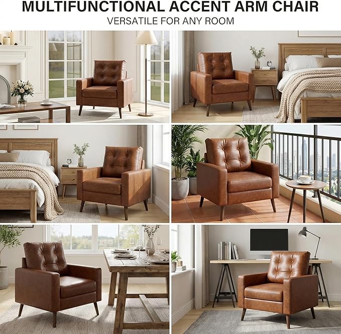 Wahson Office Chairs PU Accent Arm Chair with Tufted Back Faux Leather Comfy Upholstered Single Sofa Mid Century Modern Side Club Chair with Wood Legs for Reading/Living Room/Bedroom Caramel