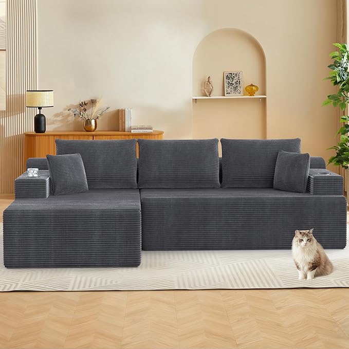 105 Modular Sectional Couch L-Shaped Sofa with Plush Corduroy Fabric Boneless Couches for Living Room Cloud Sofa Deep Seat Corner Couch with 3 Back Pillows &amp 2 Accent Pillows Grey