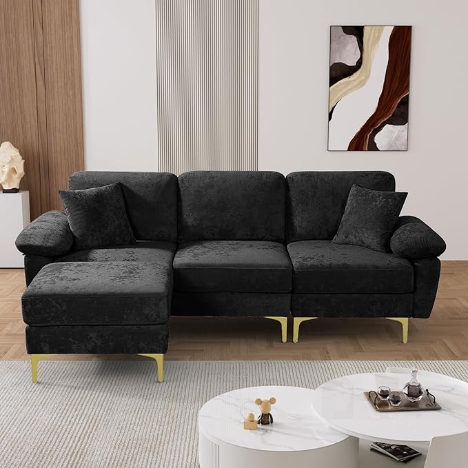 L Shaped Sectional Sofa Couch 91 Comfy Velvet Upholstered 3 Seat Sofa Set with Convertible Ottoman &amp 2 Pillows Modern Deep Seat Cloud Couch for Living Room Apartment Black