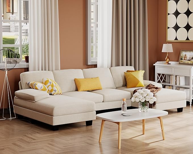 Furmax Sectional Couches for Living Room U-Shaped Sofa Couch with Linen Fabric 4 Seat Sofa Set with Double Chaise for Apartment (Fabric White)