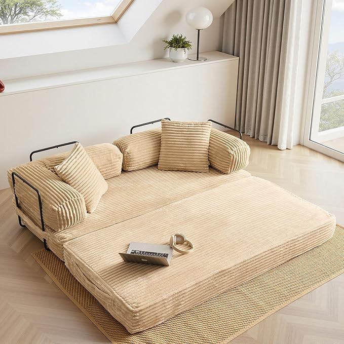 4-in-1 Folding Convertible Sleeper Sofa Bed81 Plush Corduroy Boneless Couch Pull Out BedsLoveseat Floor Futon for Small Spaces Living Room Bedroom ApartmentBeige