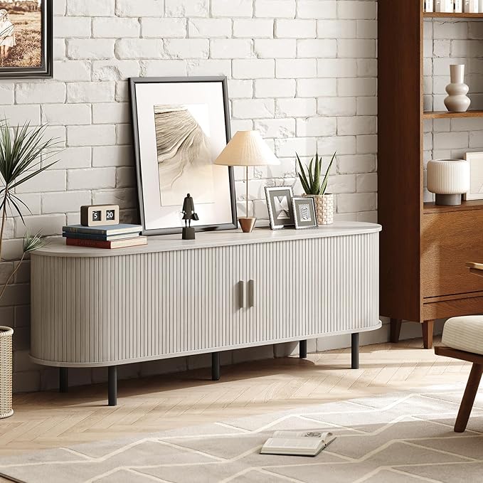 ONBRILL 63 TV Stand with Power Outlet for TVs up to 70 Inch Entertainment Center with Storage and Adjustable Shelves Modern Media Console with Sliding Doors for Living Room Natural White