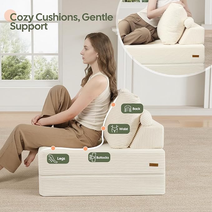 COMAX Folding Sofa Bed Foldable Couch for Bedroom Corduroy Convertible Floor Sleeper Futon Chair Foam 3 in 1 Fold Out Chair Portable Comfy Lounge Couch Single Sofa Bed for Small Space Guest Room