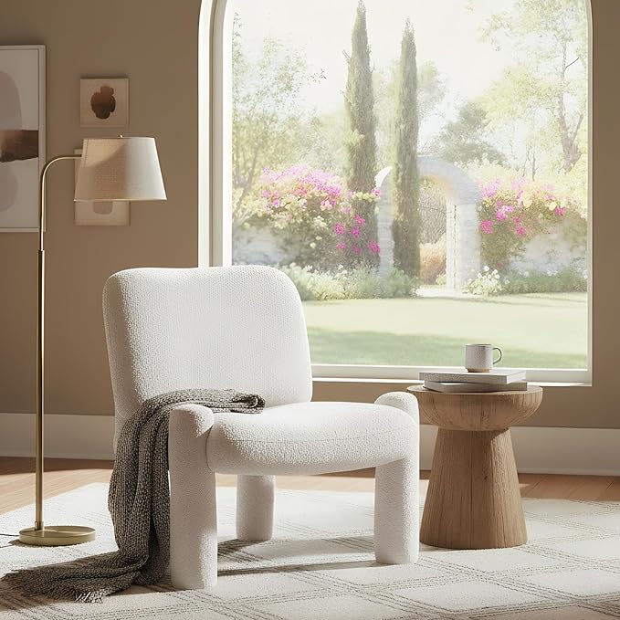 HNY Modern Accent Living Room Chair Beige Boucle Reading Chair Armless Lounge Chair Comfy Barrel Chair Sherpa Cloud Chair with Wood Frame for Living Room Small Spaces Bedroom Apartment