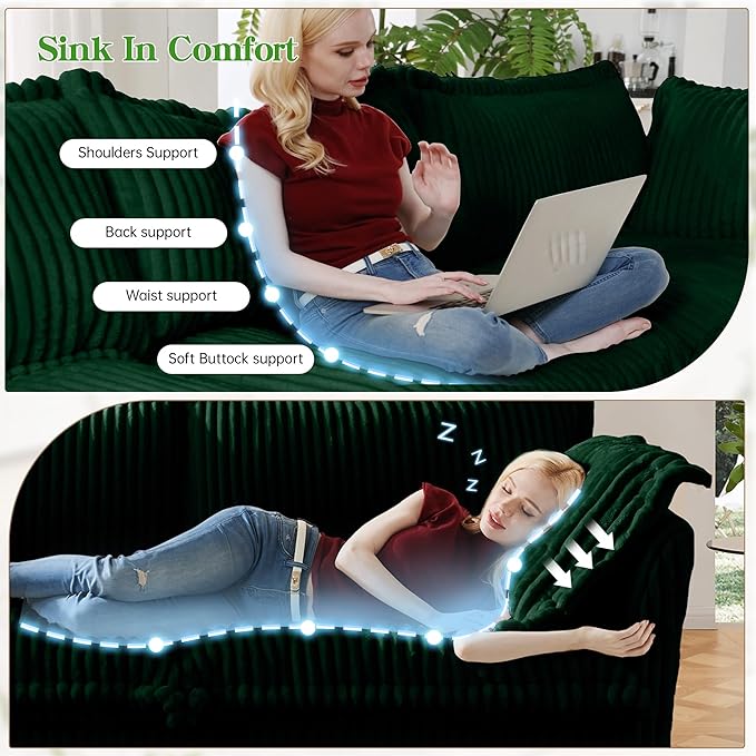 Modular Accent Armchair with Ottoman and Pillows Soft Corduroy Lounge Chair for Living Room Bedroom or Reading Nook – Oversized Chaise Lounge Design (Green Chair+Ottoman)