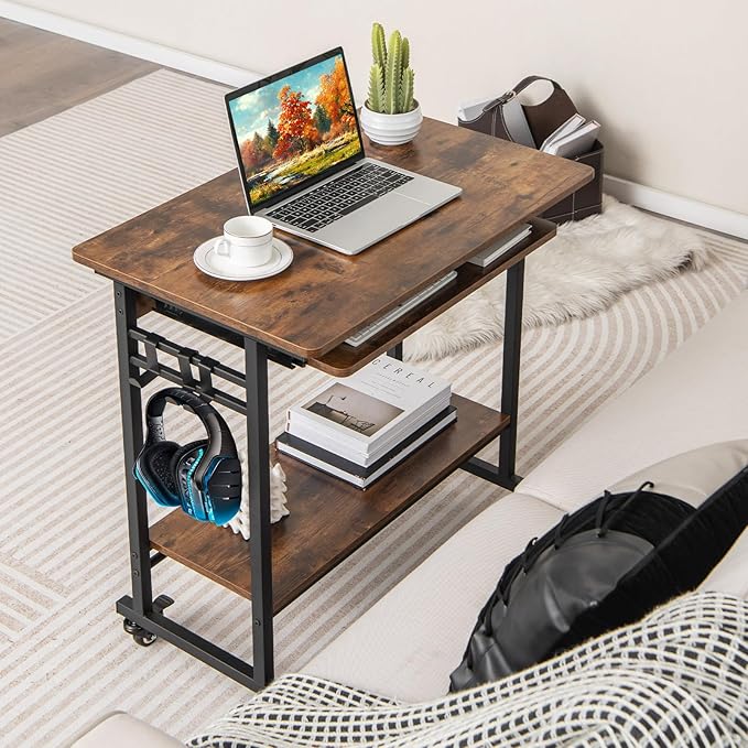 Portable Computer Desk Rolling Laptop Cart with Shelf &amp Hooks Small Home Office Desk for Small Spaces Study Table with Wheels