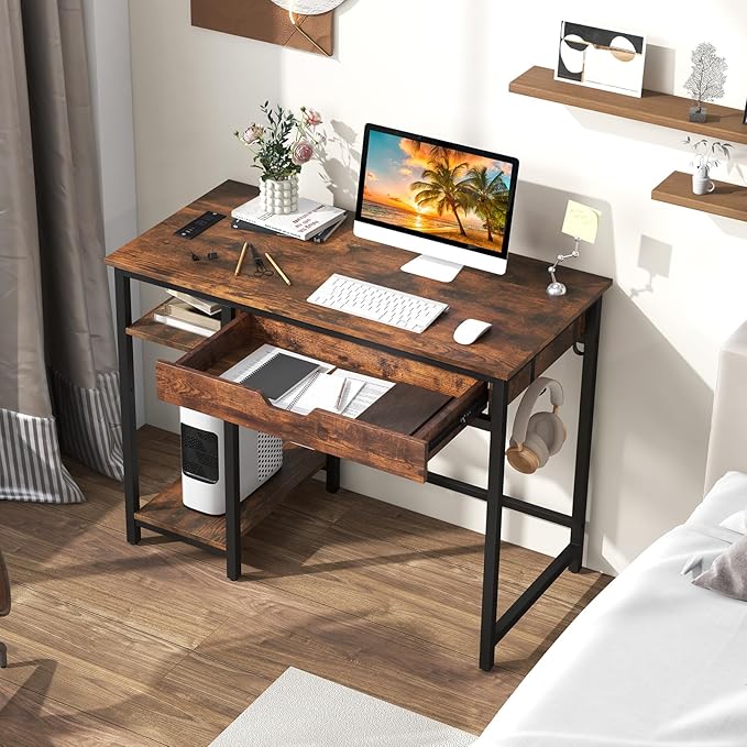 Giantex Computer Desk with Drawers and Power Outlets Industrial Gaming Desk Computer Workstation with Adjustable Storage Shelf Headphone Hooks Study Writing Work Desk for Home Office
