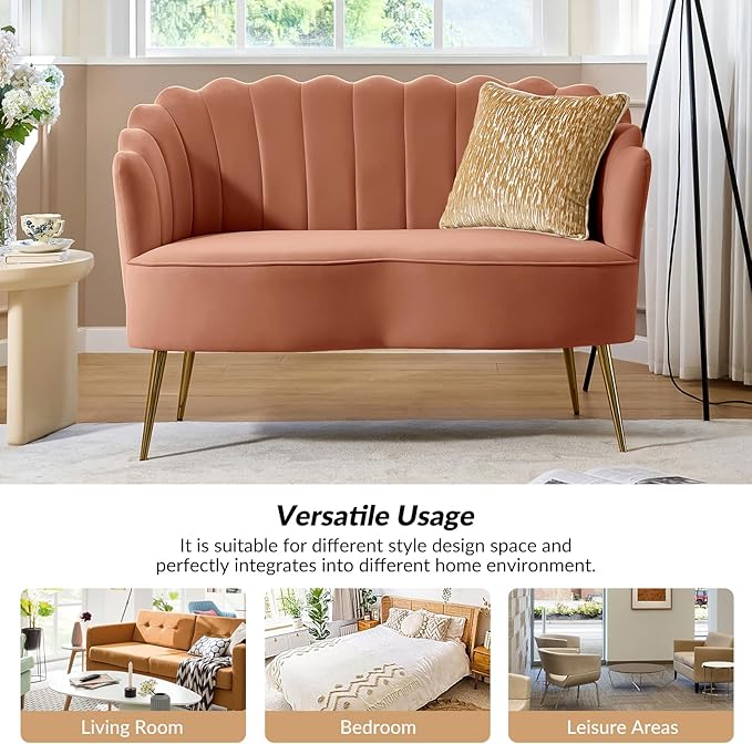 Velvet Upholstered Loveseat Sofa with Gold Metal Legs Modern Comfy Small Love Seat with Flower Shaped Back 2-Seater Sofa Accent Couch for Living Bedroom Leisure Areas Coral