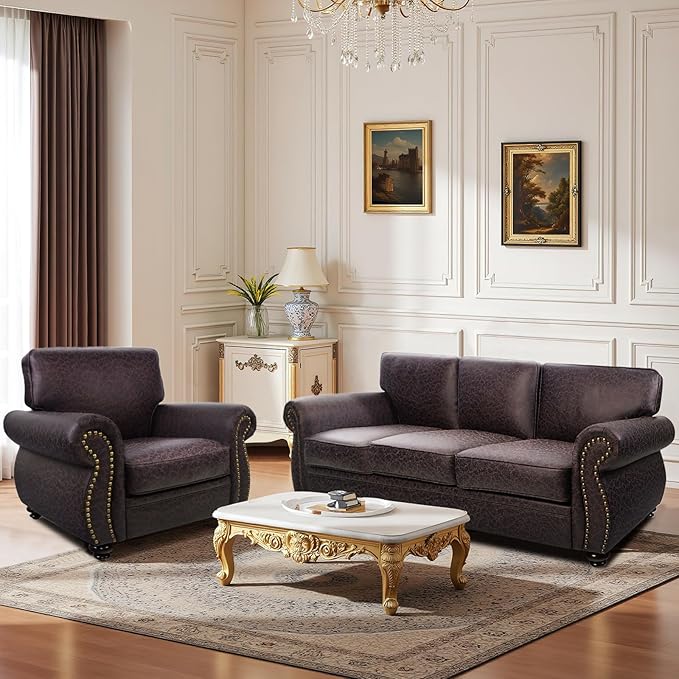 Mid-Century Vintage Sofa Couches with Rivet Design3-Seater SofaRemovable Sofa Cover Upholstered Cushions and Solid Wood Frame (Brown 3-Seater)