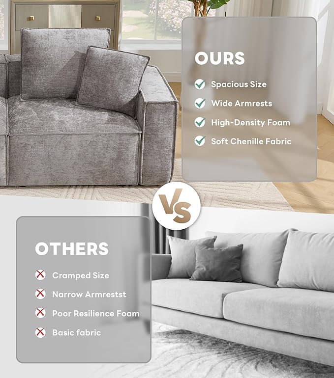 Tbfit 78'' Modular Sectional Sofa Chenille Cloud Couch with Wide Armrests &amp 4 Pillows Deep Seat Couches for Living Room Grey