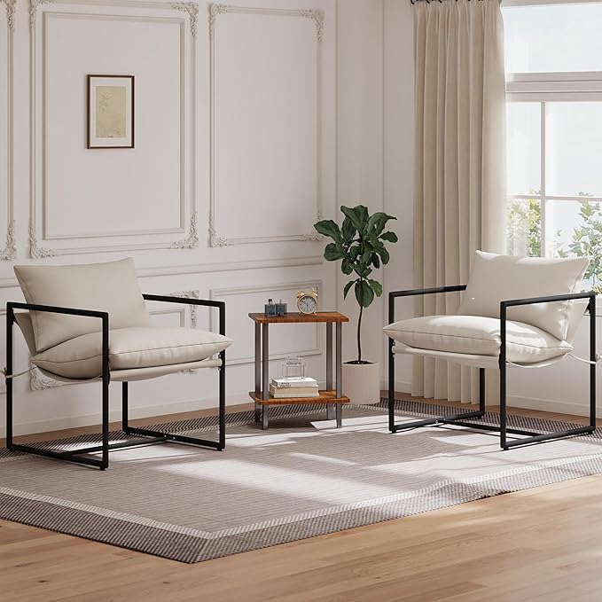 Modern Accent Chair with Armrest Set of 2 Cozy Upholstered Living Room Chair Square Metal Frame &amp Soft Sponge Cushion 28x28x32 Easy Assembly Beige