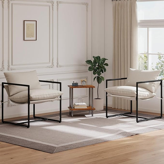 Modern Accent Chair with Armrest Set of 2 Cozy Upholstered Living Room Chair Square Metal Frame &amp Soft Sponge Cushion 28x28x32 Easy Assembly Beige