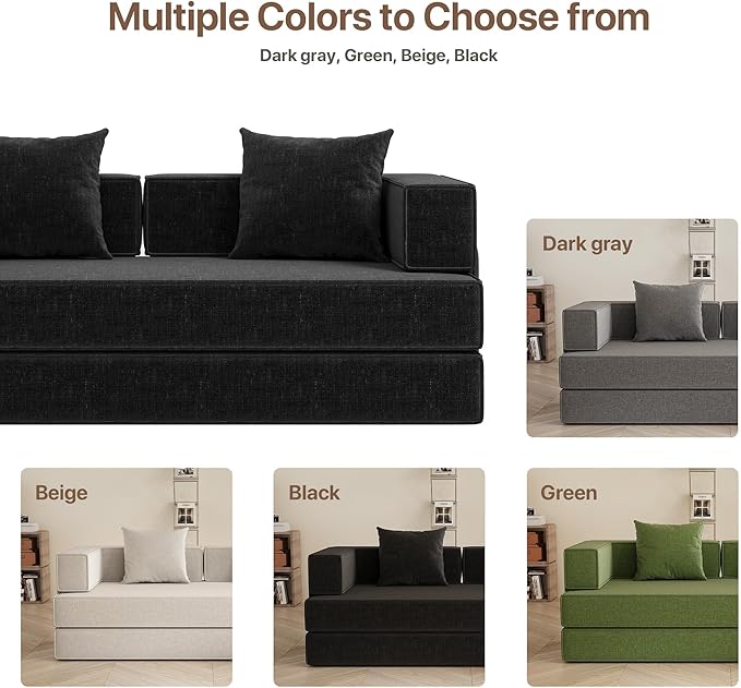 Claiks 4-in-1 Convertible Sofa Bed82 Inch Compression Sofa with Corduroy Fabric Pull Out Sleeper Sofa with 2 Pillows &amp 4 Side Pockets for Living Room Bedroom ApartmentNo Assembly RequiredBlack