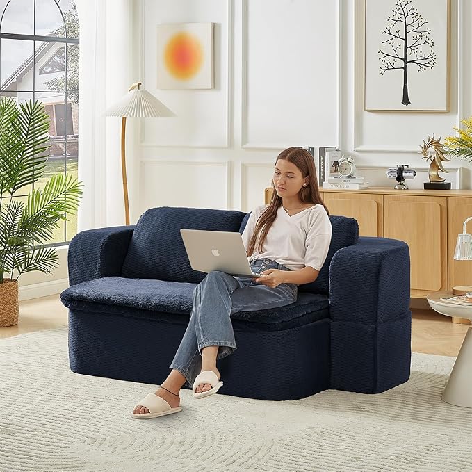 Convertible Folding Sofa Bed 75 Futon Floor Couch Modular Sleeper Loveseat Sectional Couches Boneless Cloud Plush Fluffy Fabric for Living Room Guest Room No Assembly Required Blue
