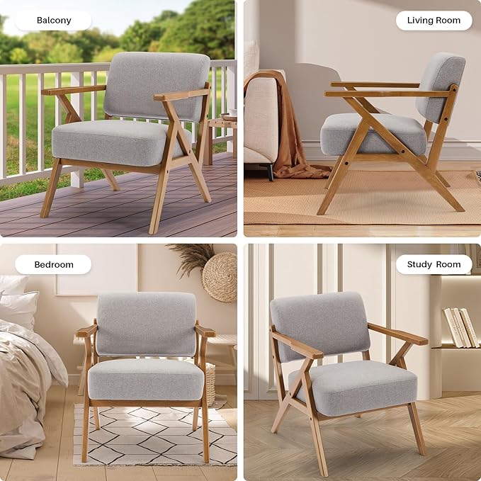 Ergonomic Mid-Century Modern Lounging Armchair | Solid Wood Frame &amp Plush Thickened Cushion | Versatile Seating for Living Room Reading Nook &amp Balcony Light Grey Linen