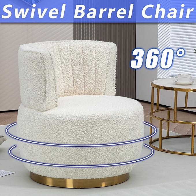 Small Barrel Chair Swivel Barrel Chair with Thicken Backrest Round Accent Chair for Living Room Bedroom Office Comfortable Velvet Fabric Soft High-Density Foam Padding (White)