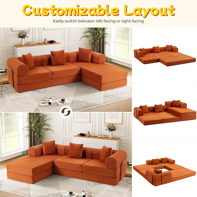 106.3 L Shape Convertible Sleeper Sofa Bed Oversized Modular Sectional Cloud Sofa with Fixed-Shape Frame &amp Storage Pocket Boneless Couch for Living Room No Assembly Required Orange