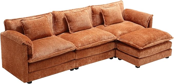 kevinplus 112'' Sectional Sofa Couch with Convertible Ottoman for Living Room Modern Contemporary 3-Seat L-Shape Sofa Couch for Apartment Home Office Thick Cushion &amp Boucle Fabric Orange