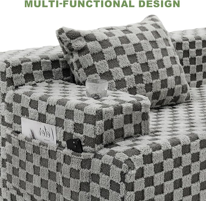 96.8 Boneless Couch Cloud Modular Sectional Sofa with L Shaped Chaise Modern Upholstered Deep Seat Boneless Couches Lounge with 5 Pillows for Living Room Bedroom(Gray Checked Right Facing Chaise)